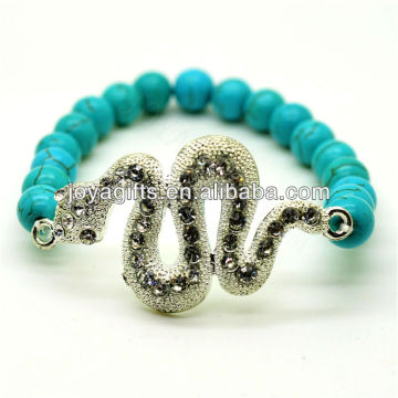 Bracelet en pierres précieuses en perles rondes turquoise 8 mm avec serpent diamant